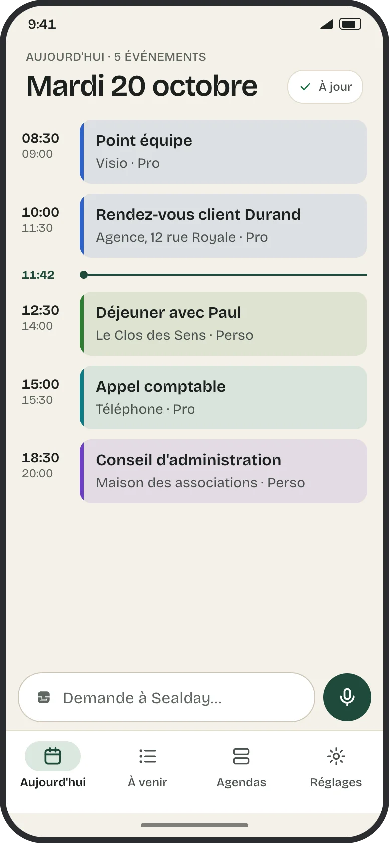 Écran Aujourd'hui : les rendez-vous de la journée et la ligne de l'heure actuelle